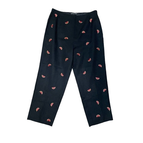 Nicole Studio Watermelon Embroidered Black Linen Cropped Pants Trousers Size 8 - Picture 1 of 8